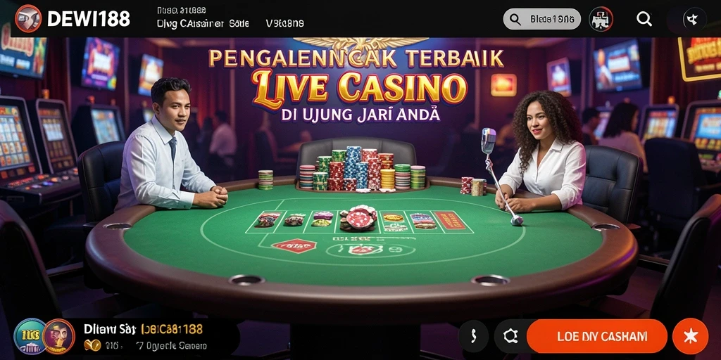 Screenshot DEWI188 menampilkan dealer langsung dan permainan kasino yang seru.
