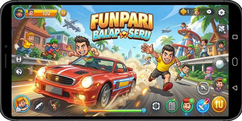 Tampilan gameplay balap yang seru dalam FUNPARI dengan berbagai kendaraan.