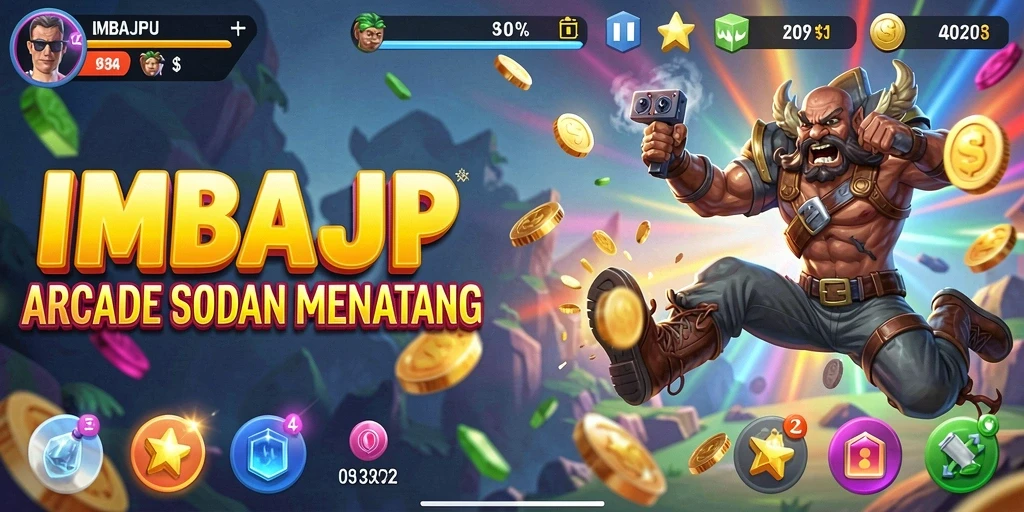 Screenshot utama IMBAJP menampilkan aksi seru dalam permainan Arcade.