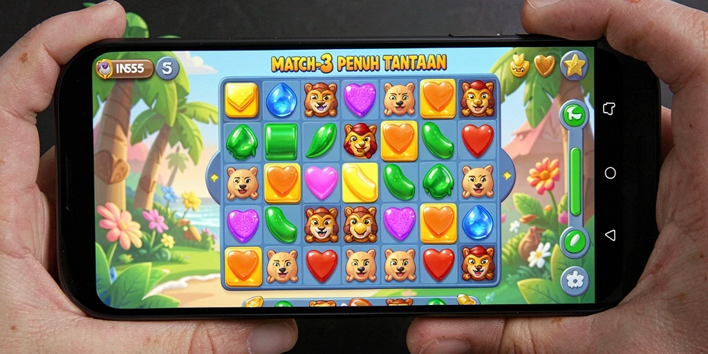 Screenshot dari gameplay MATCH-3 di INS55 yang menampilkan keseruan mencocokkan item.