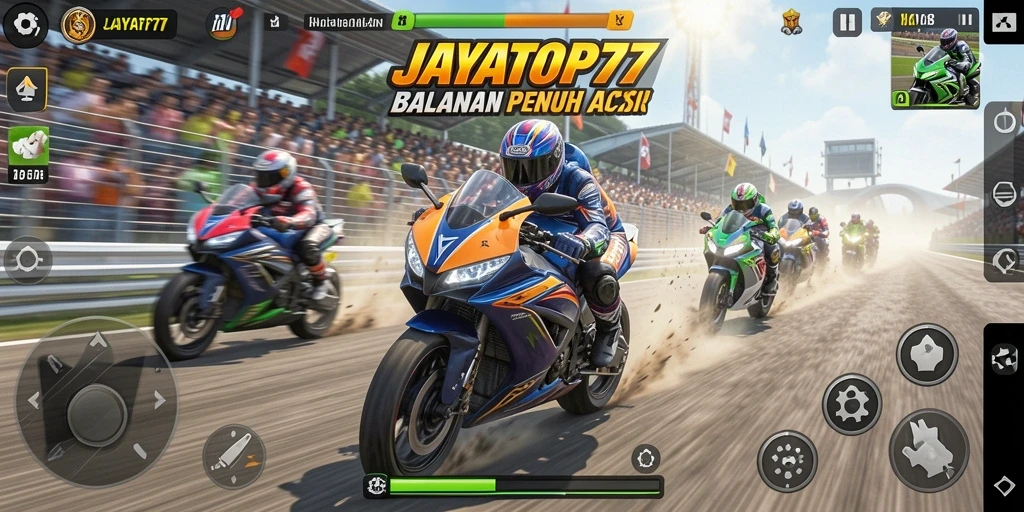 Screenshot gameplay JAYATOP77 menampilkan balapan motor yang intens dan aksi cepat.