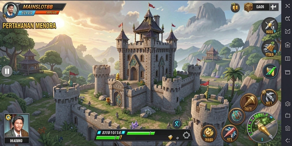 Tampilan gameplay MAINSLOT88 dengan menara berwarna-warni dan musuh menyerang.