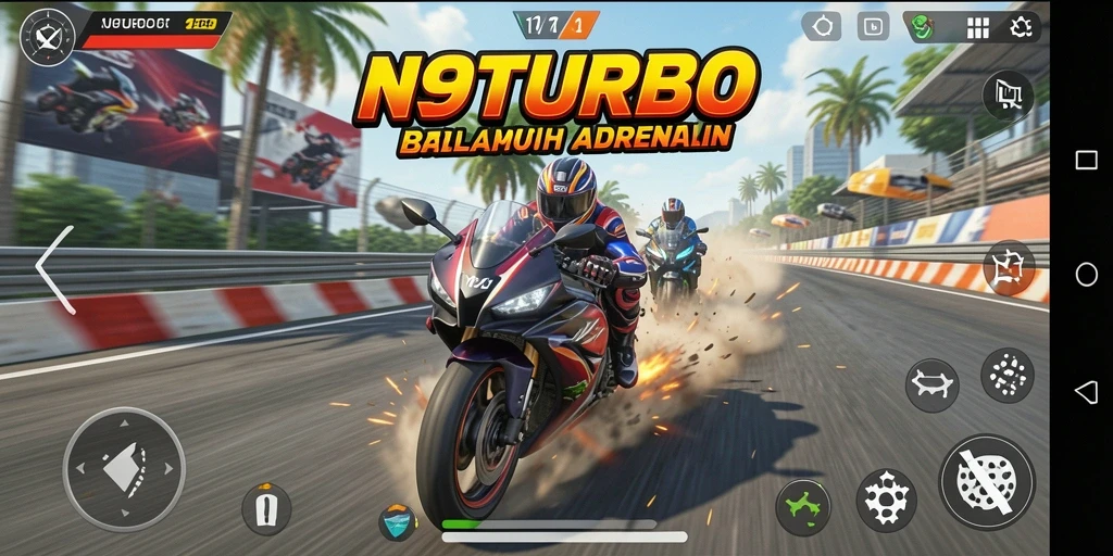 Screenshot N9TURBO menampilkan balapan motor yang seru dan penuh aksi.