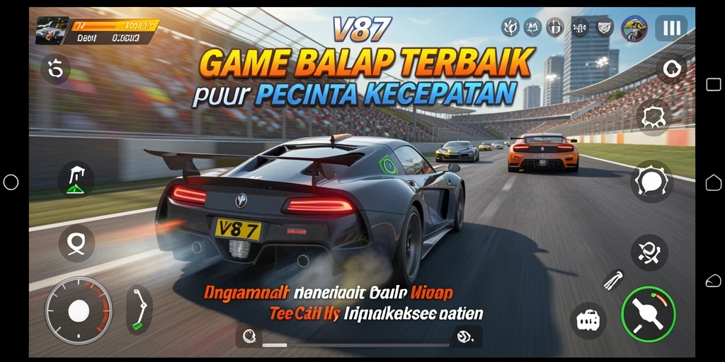 Screenshot utama V87 menampilkan momen balapan yang mendebarkan.